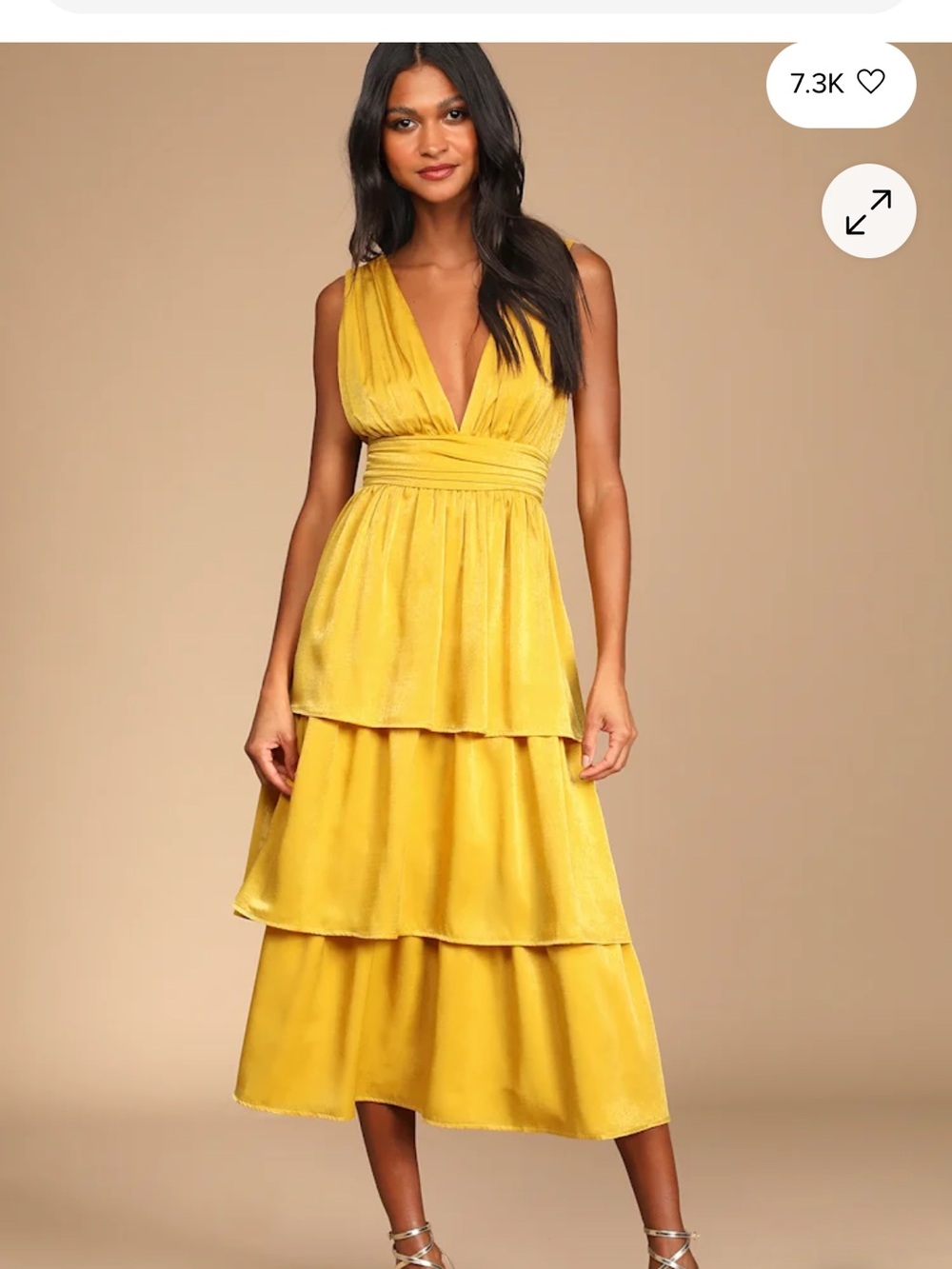 Yellow Tiered V-Neck Satin Dress